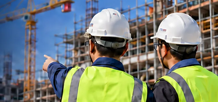 Two safety officers in hard hats reviewing a building under construction