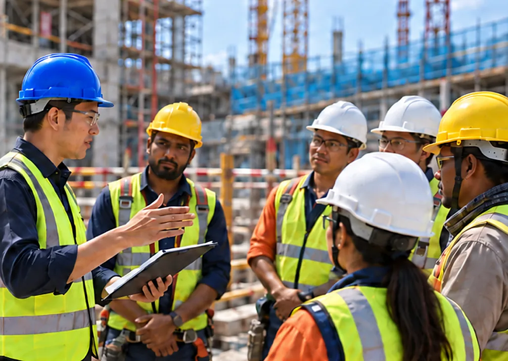 WSH officer briefing construction workers on site