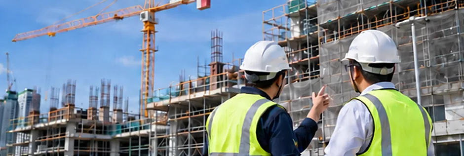Safety officers reviewing scaffolding at a high-rise construction site