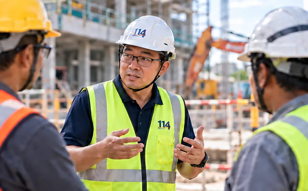 114 Safety Consultants WSH lead briefing team members at a construction site